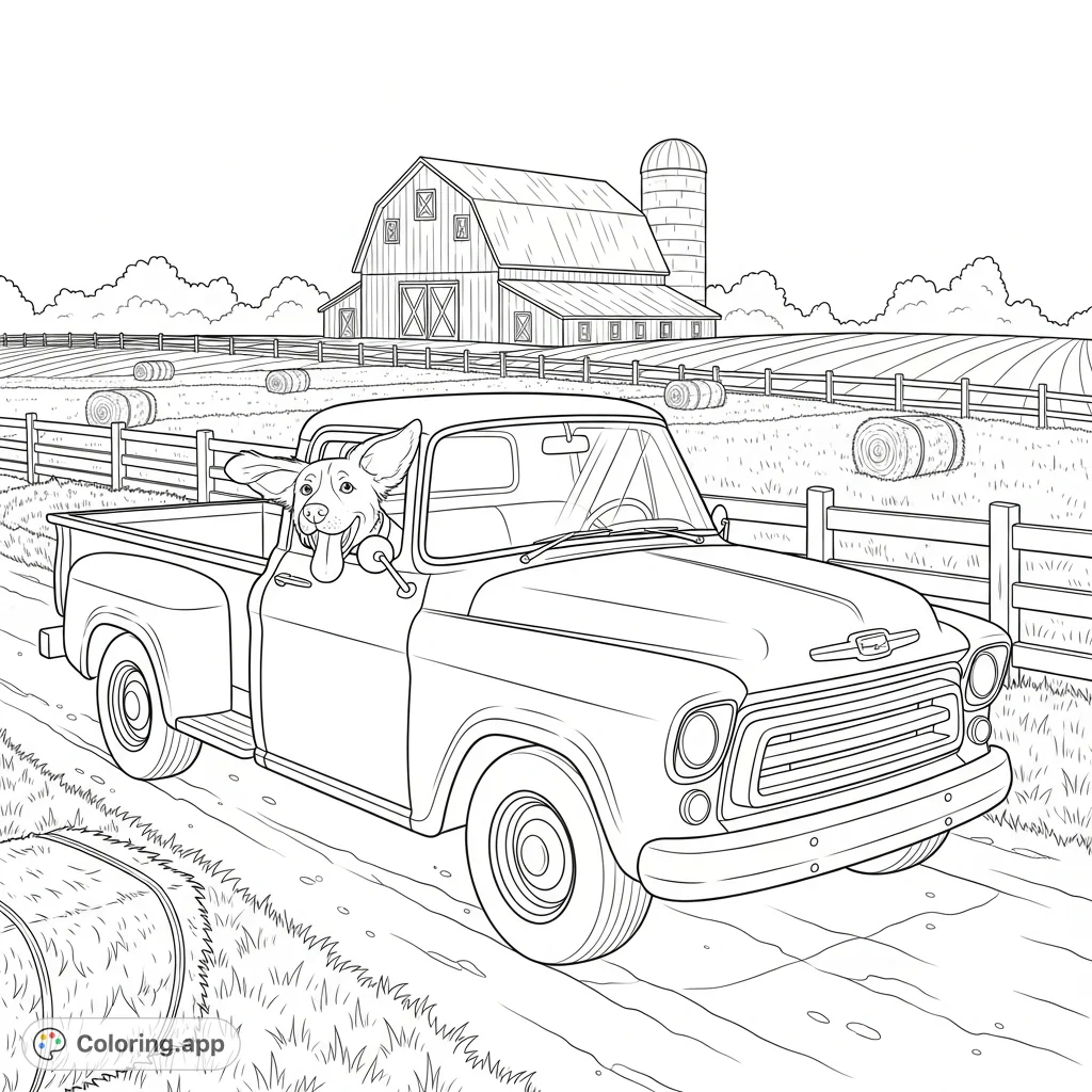A charming farm truck with a joyful dog's head sticking out the window, set against a rustic farm background with a barn and fields.