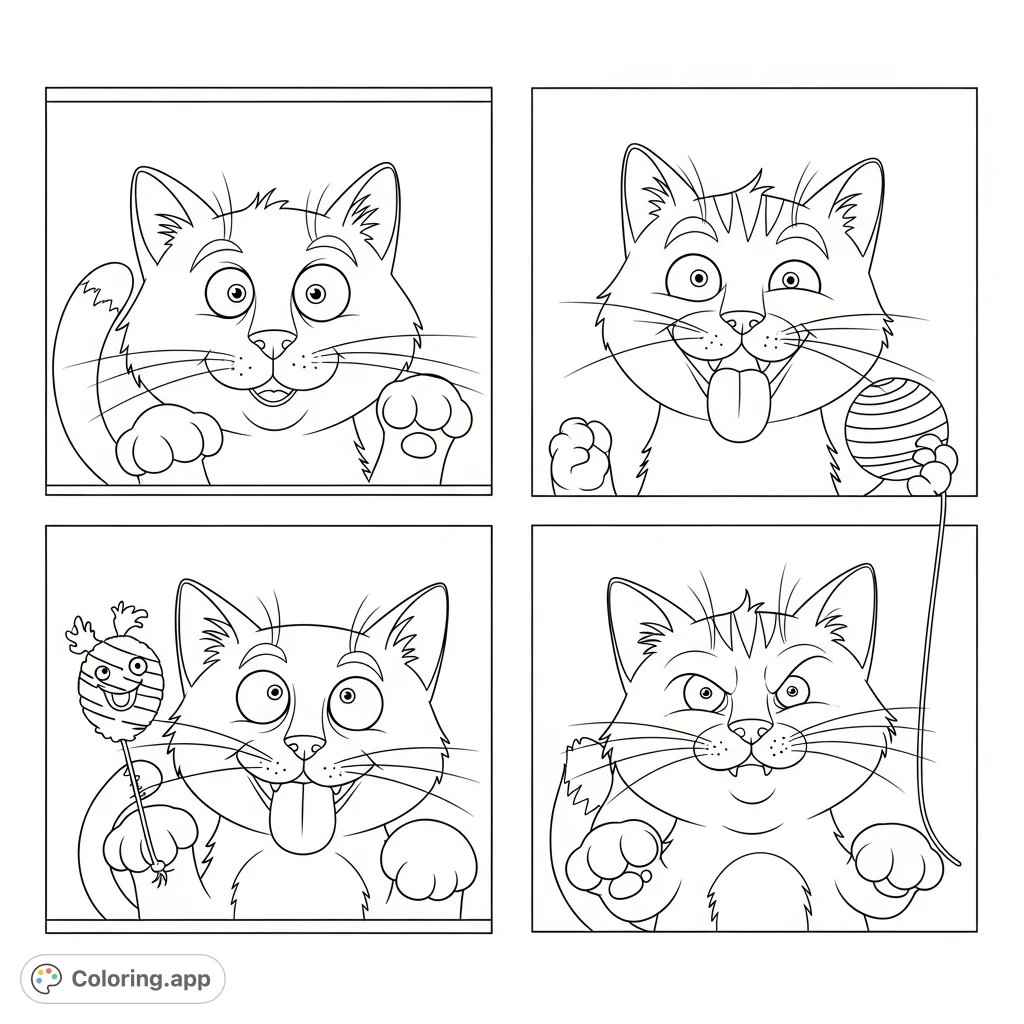Explore four distinct sections, each featuring a playful cat making a funny face, with a quirky toy for added humor. A delightful cat coloring page.