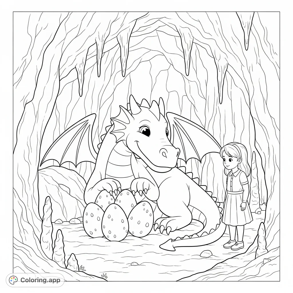 A heartwarming dragon coloring page featuring a smiling dragon, its precious eggs, and a girl in a cave. A captivating free printable for all ages.