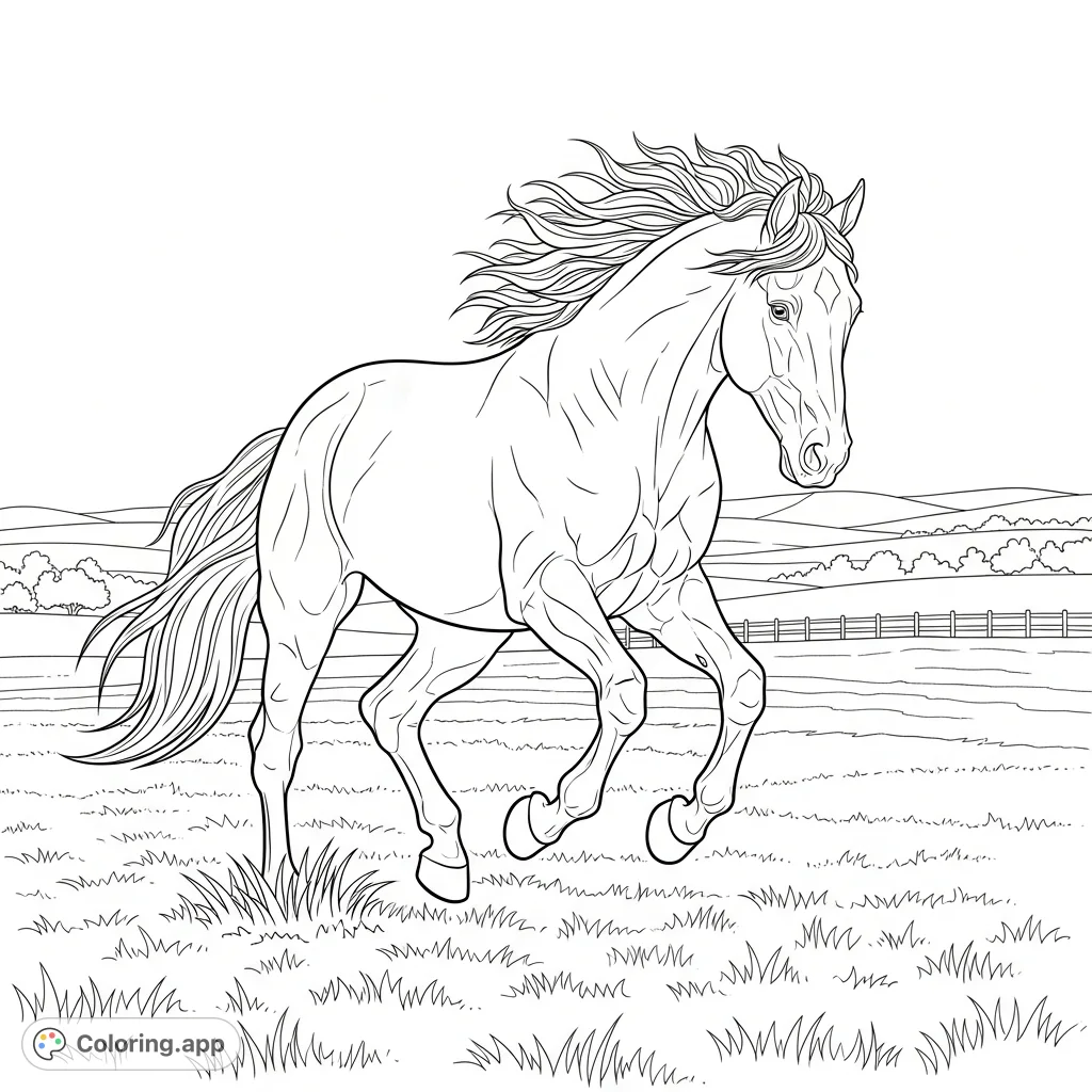 Experience the power of a galloping horse across an open field. This dynamic horse coloring page captures majestic movement, perfect for all ages.