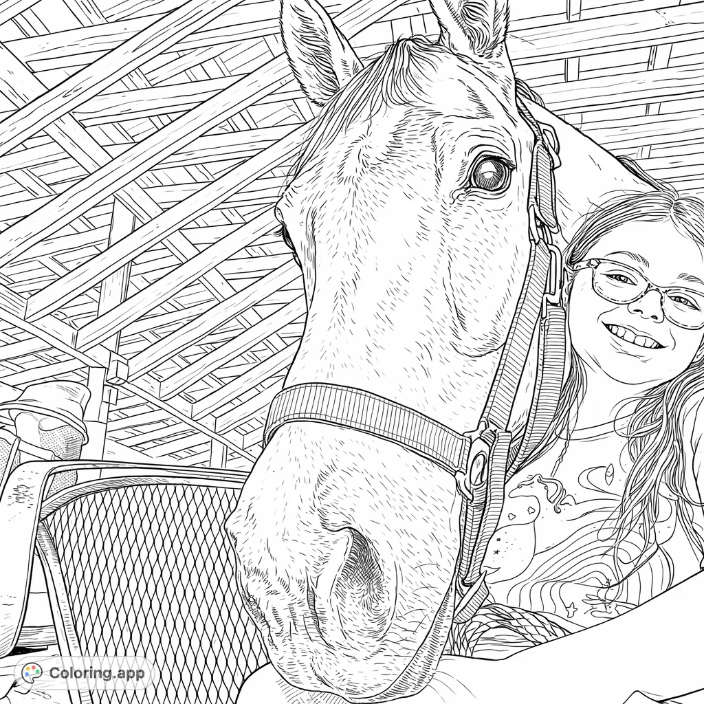 A heartwarming scene featuring a smiling girl embracing a gentle horse, set against a rustic barn backdrop. Perfect for animal lovers and farm life enthusiasts.