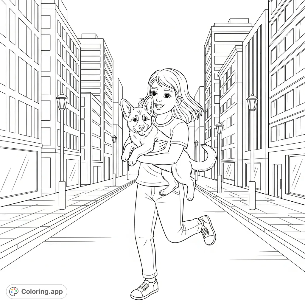 A heartwarming scene of a 12-year-old girl joyfully running through city streets, cradling an adorable German Shepherd puppy. A dynamic, urban adventure!