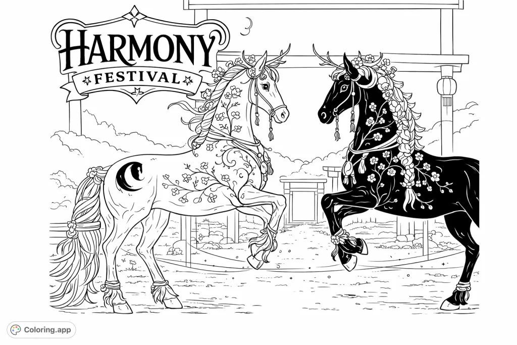 Celebrate the Harmony Festival with two stunning, intricately adorned horses, featuring delicate floral patterns, mythical horns, and symbolic motifs.