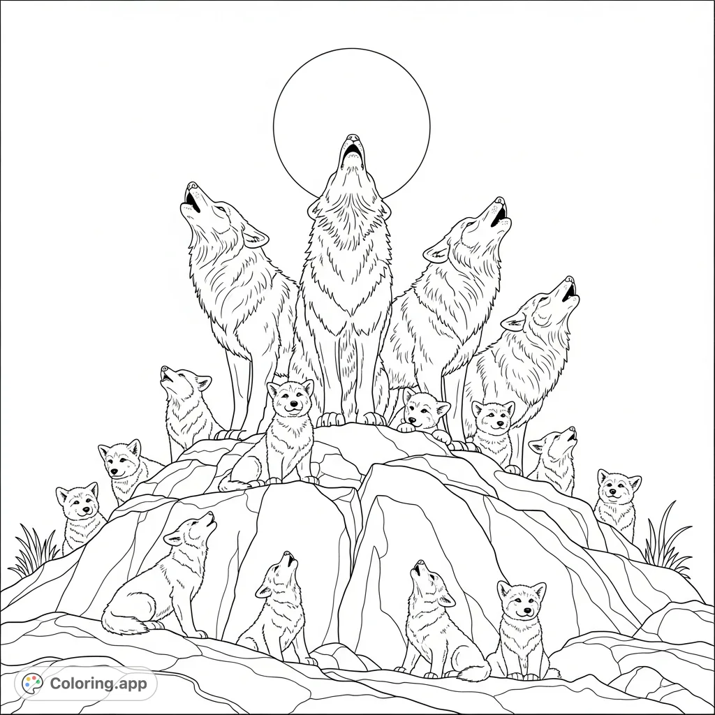 A powerful wolf pack, including playful pups, gathers on a textured rock, all captured mid-howl under a prominent moon. Perfect for animal lovers.
