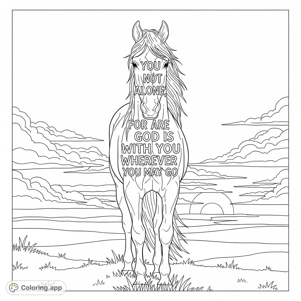 A majestic horse, inscribed with comforting words, stands against a serene landscape and a luminous sky, offering a peaceful, inspirational coloring page experience.