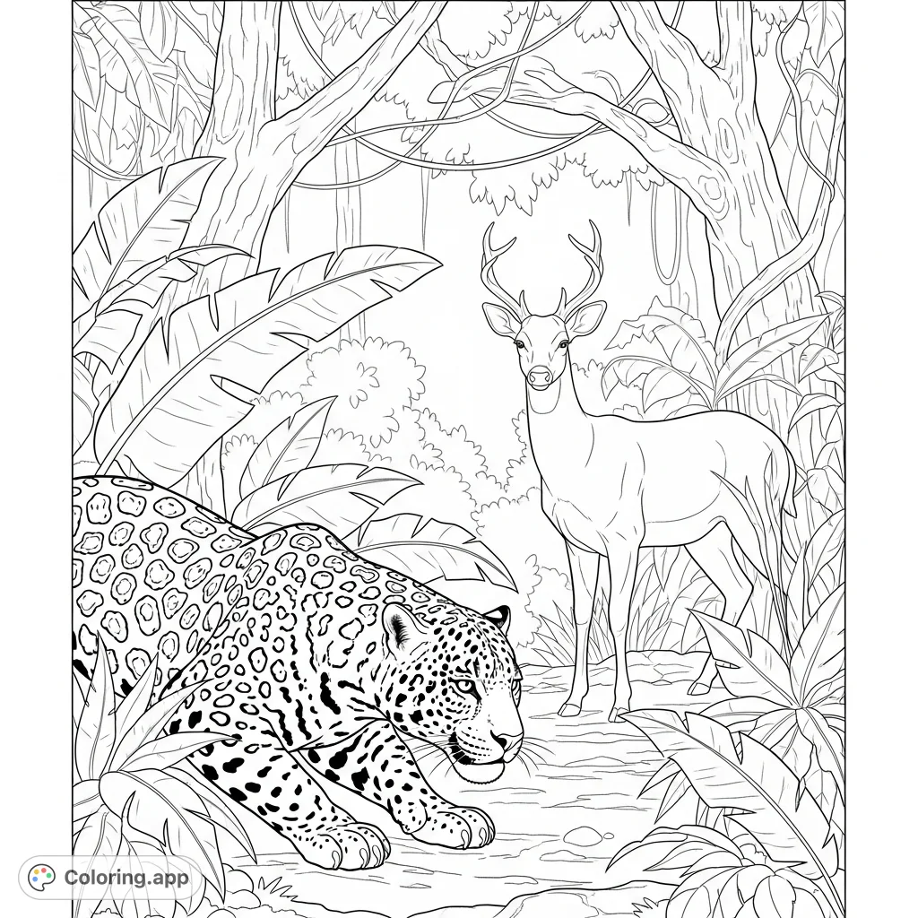 Capture the raw intensity of a rainforest hunt with this detailed jaguar coloring page, featuring a powerful jaguar stalking an alert deer amidst dense foliage.