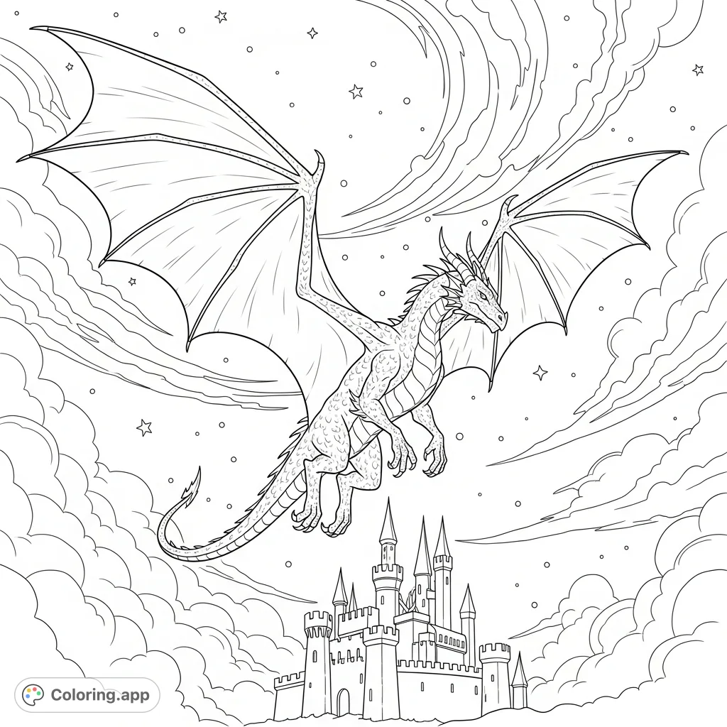 A majestic fantasy dragon flies across a starlit night sky, with an imposing castle below. This fantasy dragon coloring page offers intricate details for adults.