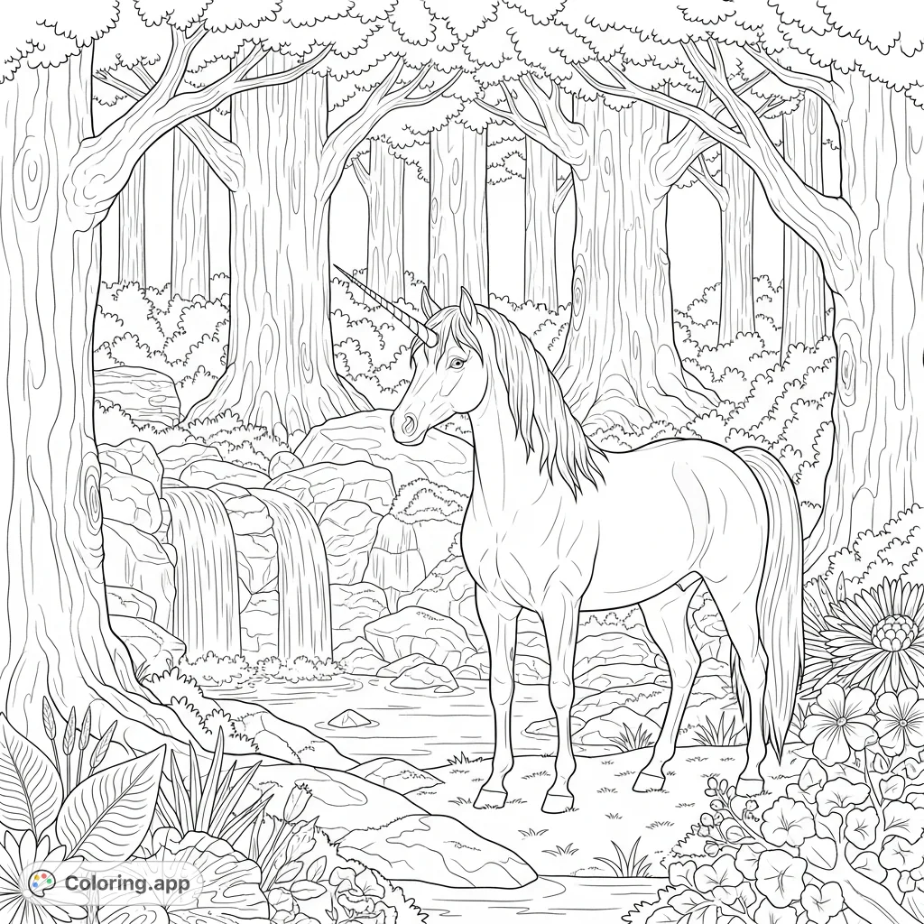 Discover a majestic, realistic unicorn amidst a magical forest with a hidden waterfall. A beautiful fantasy scene awaits your creative touch.