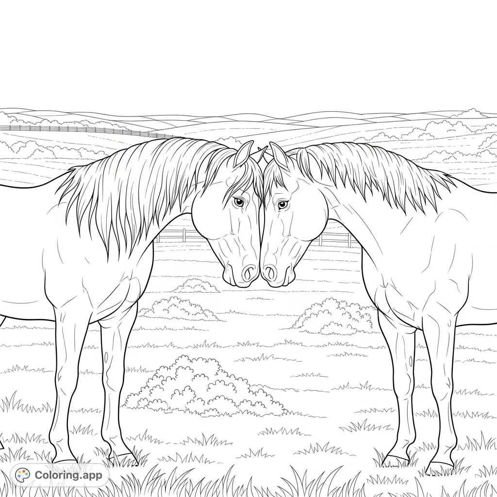 Capture the heartwarming bond of two horses nuzzling in a serene field. This charming horse coloring page is perfect for all animal lovers.