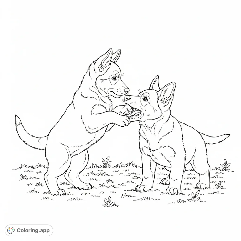 Capture the adorable energy of two German Shepherd puppies playing together on a grassy patch. A charming German shepherd puppy coloring page for all ages.