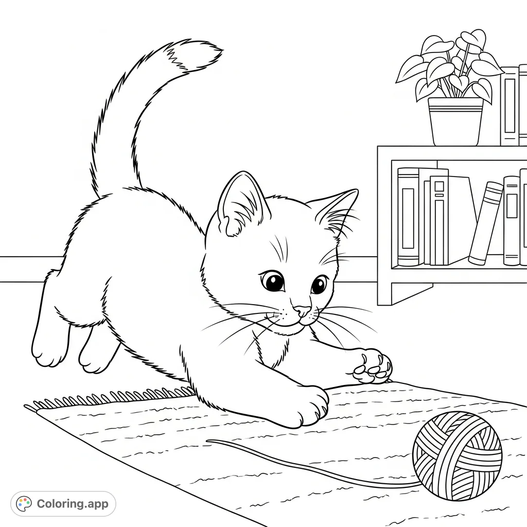 An adorable kitten joyfully pounces on a ball of yarn, set against a cozy domestic backdrop. Unleash your creativity with this charming, playful pet scene.