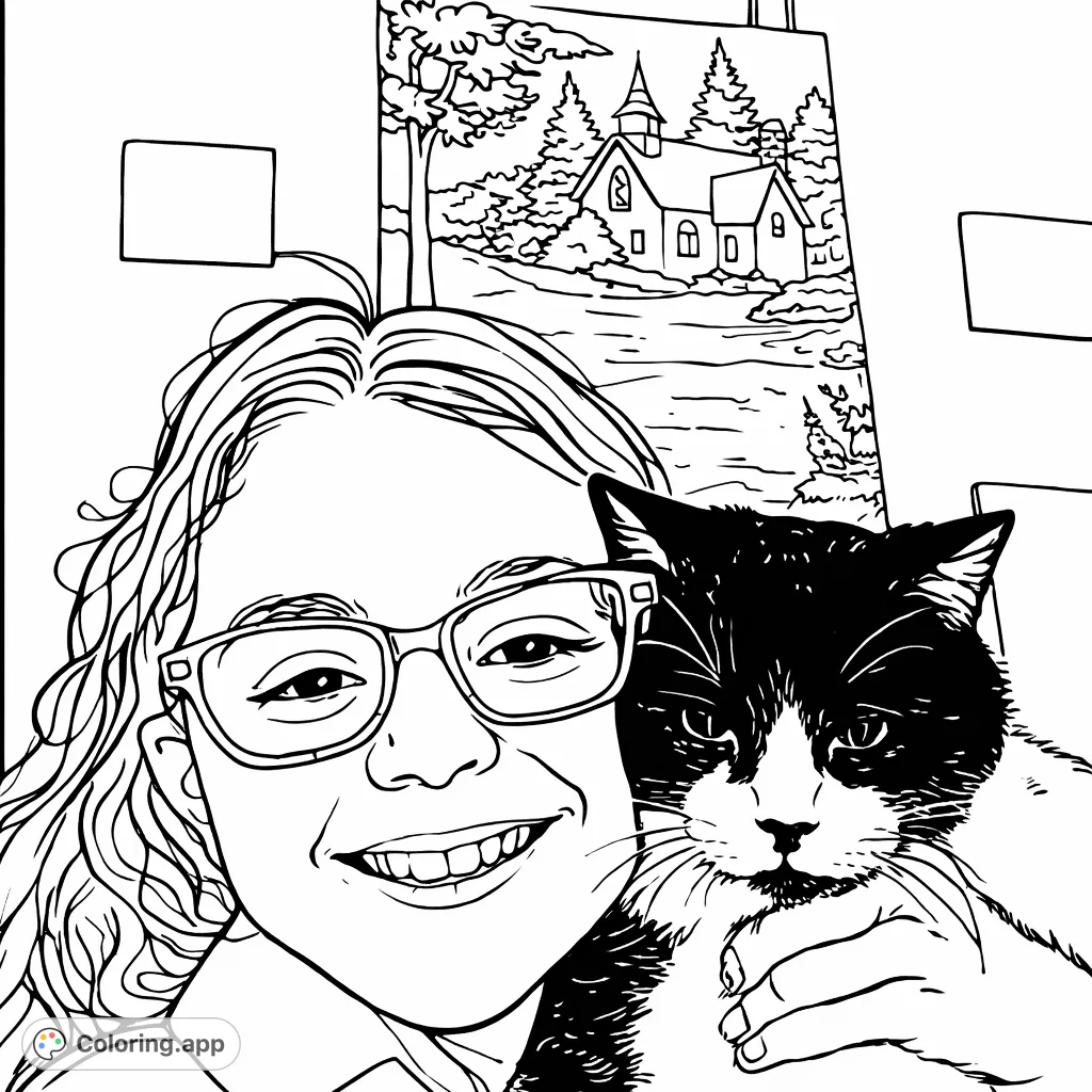 Color a heartwarming scene: a smiling individual with glasses, tenderly holding a beloved cat, set against a cozy background with framed artwork.