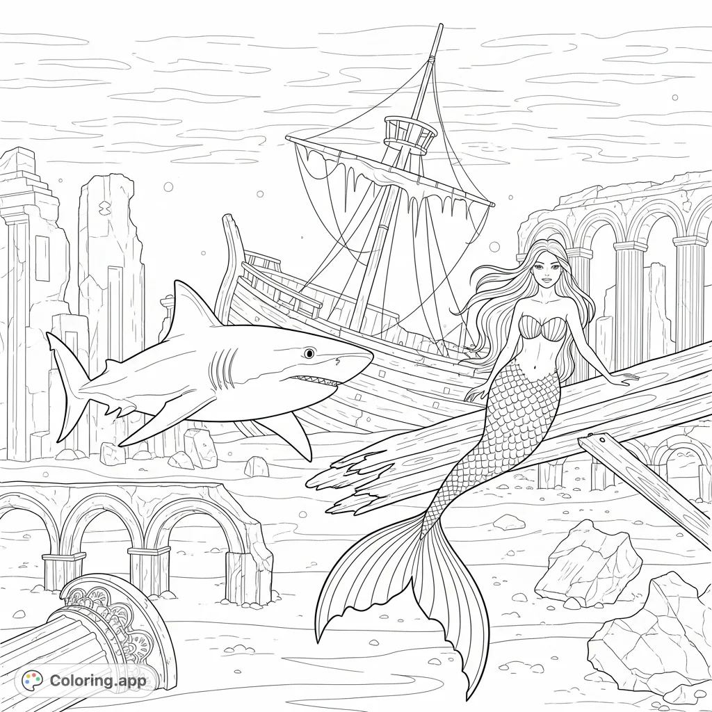 Explore an enchanting underwater world with a majestic shark and a graceful mermaid amidst a mysterious shipwreck and crumbling sunken city ruins.
