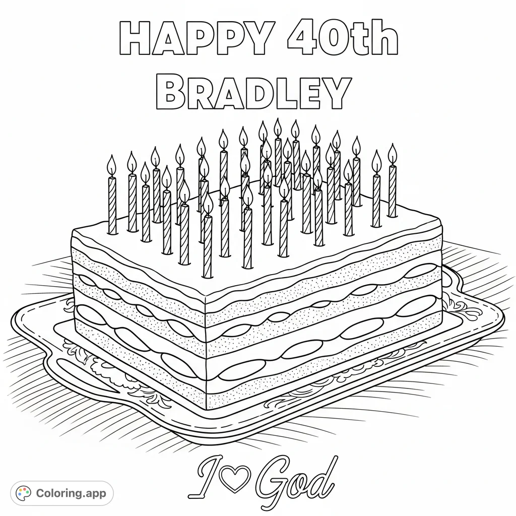 A delightful Tiramisu cake adorned with forty candles, personalized with "happy 40th Bradley" and "I❤️God" text. A joyful celebration scene.
