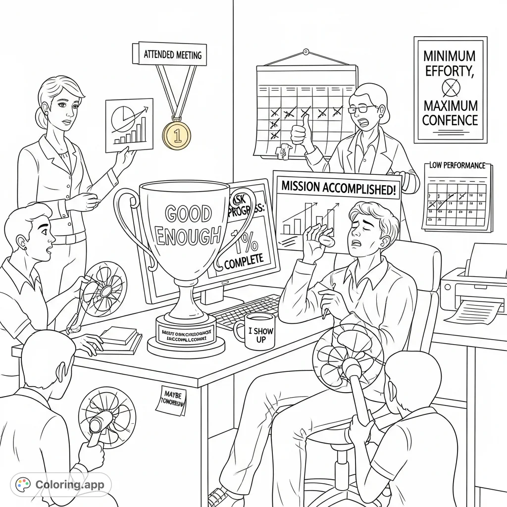 Discover the hilarious 'Employee of the Bare Minimum Month' coloring page, featuring a comically exhausted office worker and their 'Good Enough' trophy.