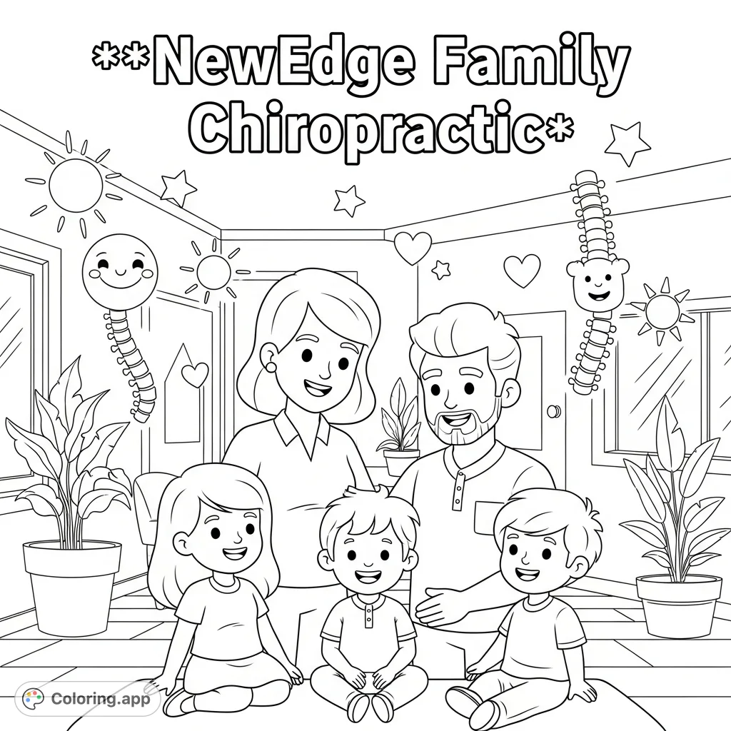 A joyful family visits a friendly chiropractor in a welcoming clinic, featuring cute characters, wellness symbols, and the te...