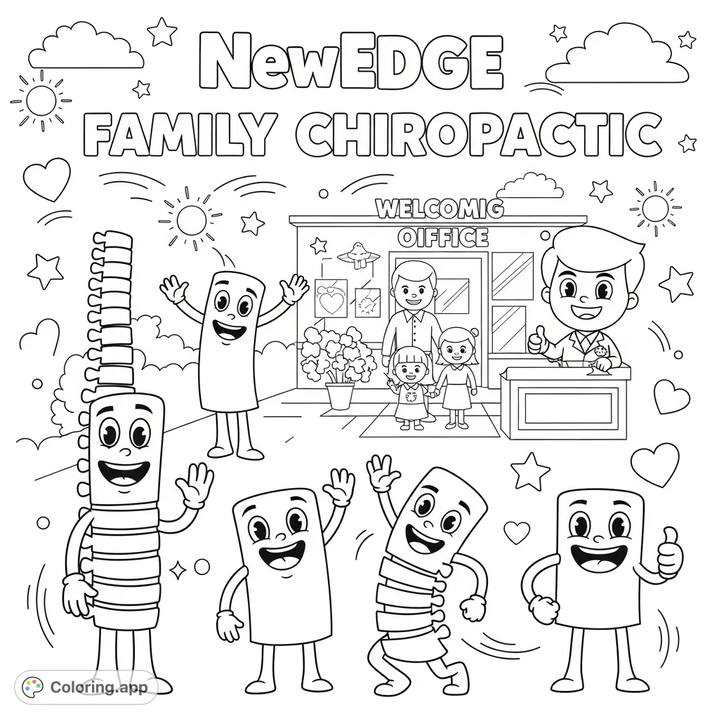 A fun, kid-friendly chiropractic coloring page featuring cheerful cartoon spine characters, a welcoming office scene, and playful elements to promote health and wellness.