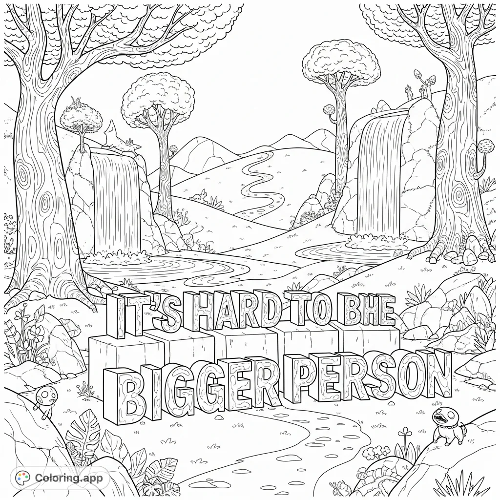 Explore a magical land where whimsical landscapes meet a powerful message. Intricate details and towering letters offer a reflective coloring experience.