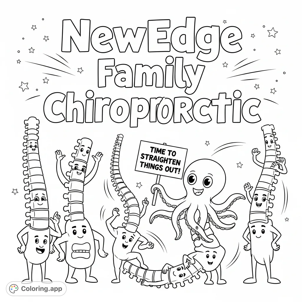 A fun chiropractic coloring page featuring playful cartoon spine characters, an octopus friend, and a punny joke to entertain kids at NewEdge Family Chiropractic.