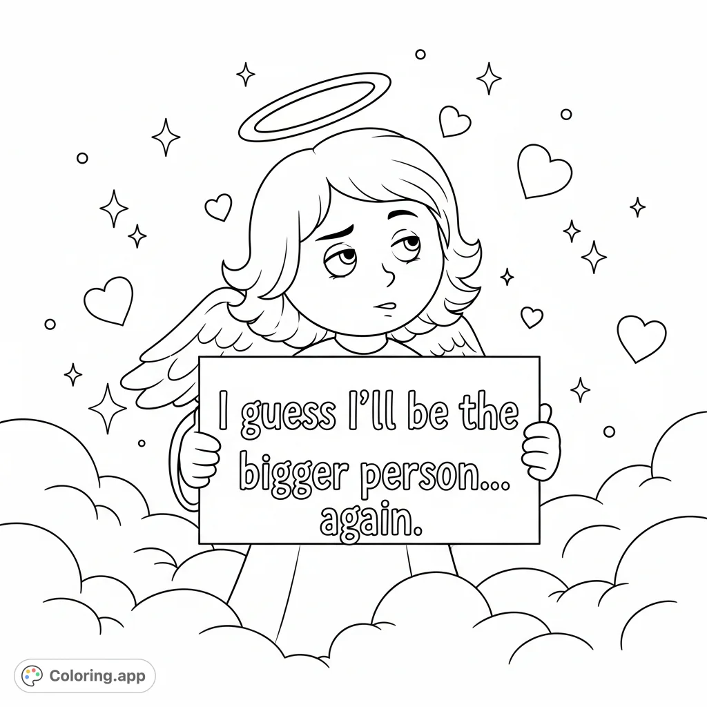 A charming angel with a tilted halo and a knowing side-eye holds a sign reading 'I guess I’ll be the bigger person… again', surrounded by clouds, sparkles, and hearts.