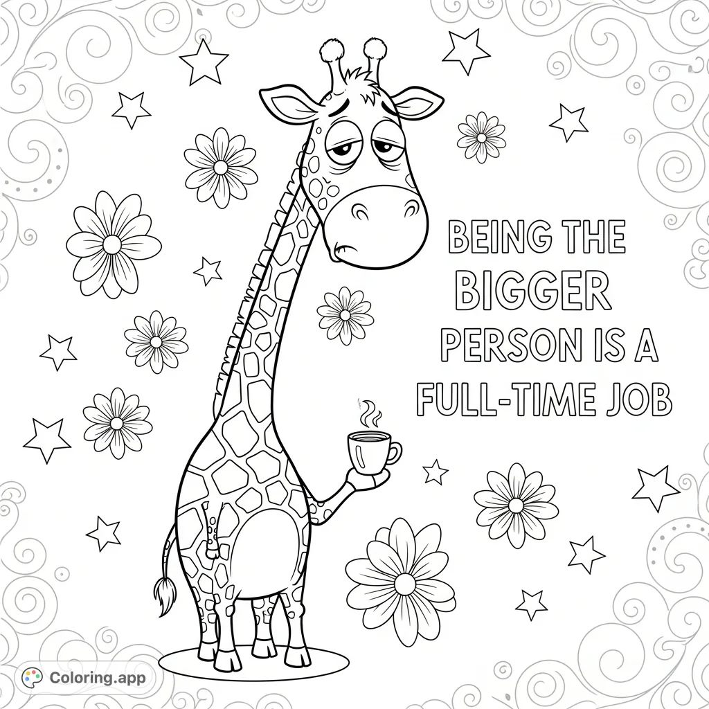 A charming cartoon giraffe holding a tiny coffee, looking exhausted, surrounded by flowers, stars, and swirls, with a relatable quote.