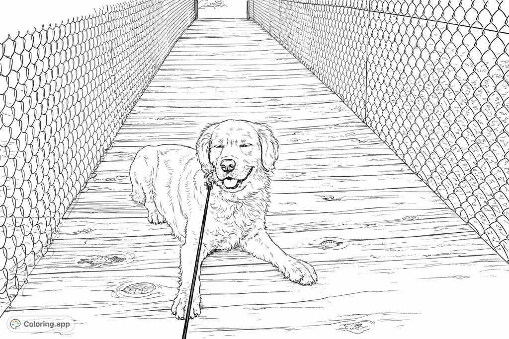 A cheerful dog rests on a rustic wooden walkway, flanked by chain-link fences and foliage. A delightful scene for animal lovers of all ages!