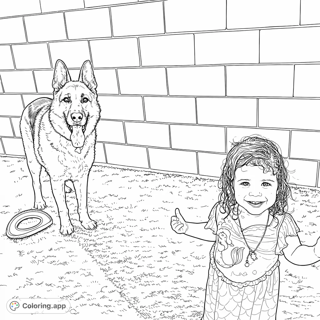 A delightful scene featuring a happy child in a whimsical dress and a friendly German Shepherd dog. Perfect for creative expression and celebrating companionship.