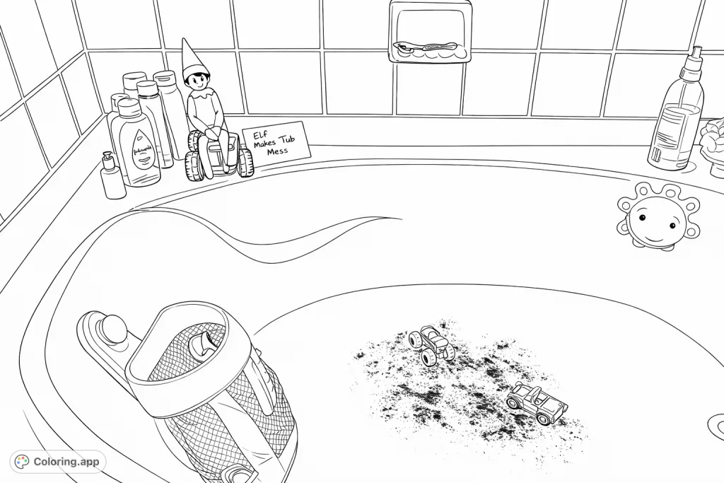 Join a mischievous elf on a thrilling monster truck adventure inside a bathtub, complete with toy vehicles and a fun, messy track. Perfect for imaginative play!