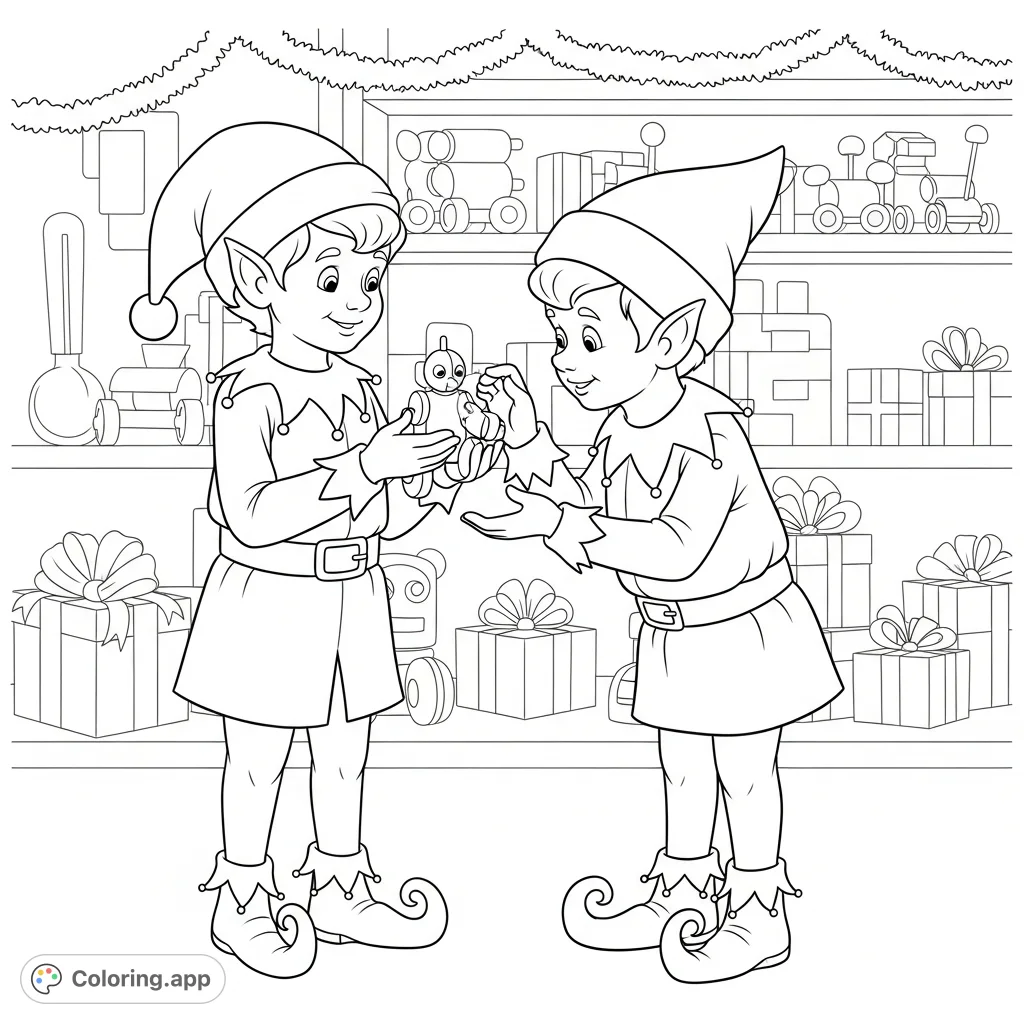 Join two charming Christmas elves in their workshop, collaborating on toy-making amidst festive decorations. A heartwarming scene ready for your creative touch!