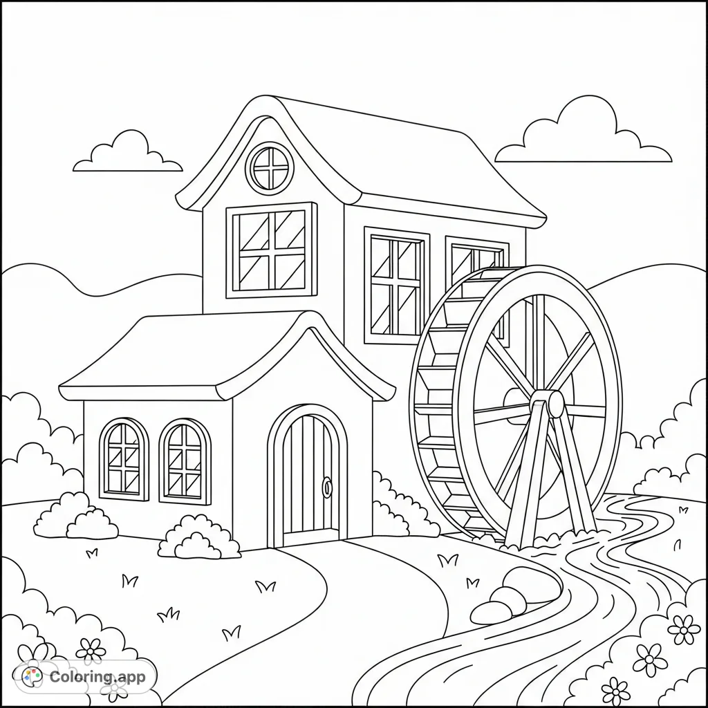 Discover a charming, cozy mill coloring page, featuring a large water wheel, welcoming windows, and a peaceful stream. Simple, luxurious, and perfect for relaxation.