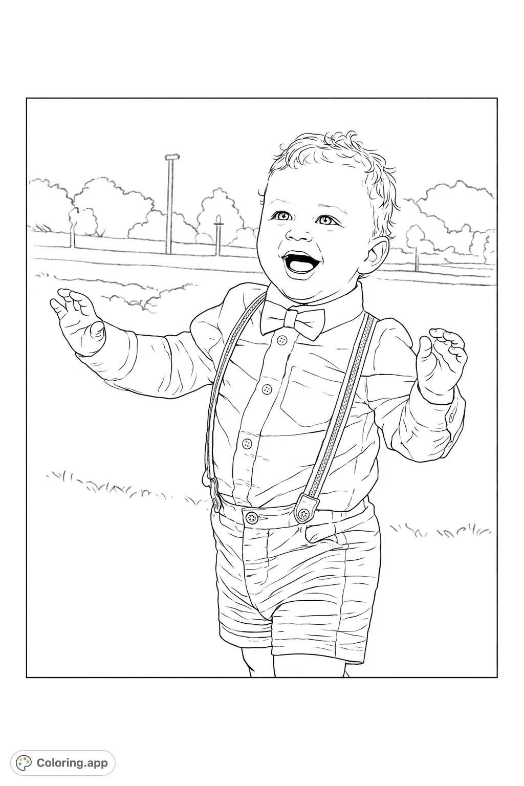 A delightful baby, dressed in a shirt, bow tie, and suspenders, smiles brightly outdoors. A charming and simple coloring page for little ones.