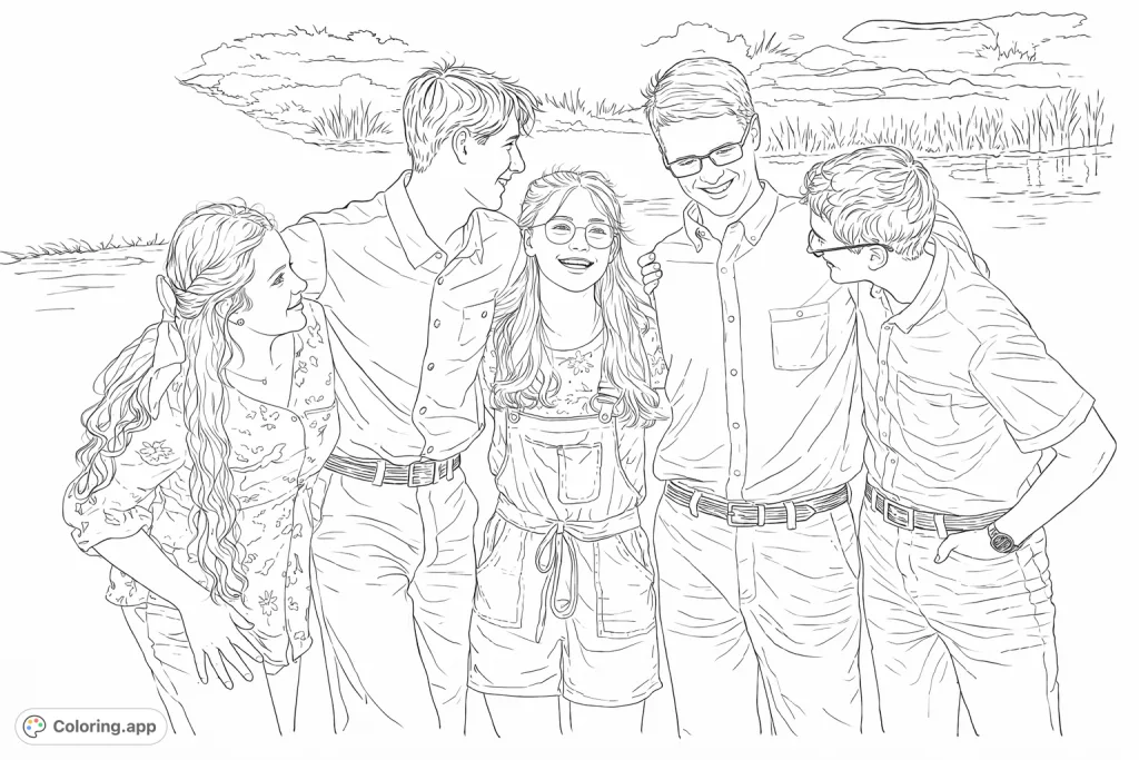 Color this joyous group of five friends or family members sharing a laugh by a serene waterside. Perfect for all ages to personalize.