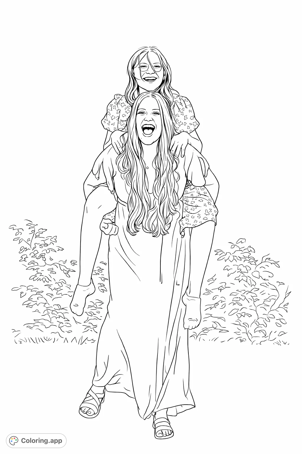 A heartwarming piggyback ride scene, featuring two joyful individuals amidst a lush outdoor setting. Perfect for a happy, expressive coloring experience.