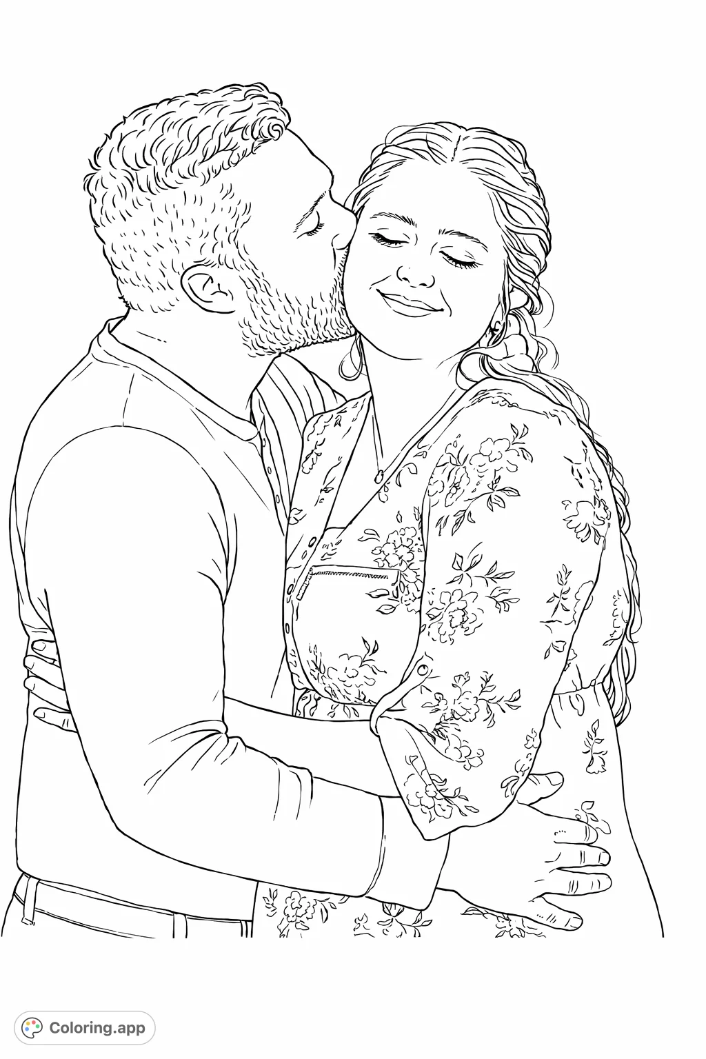 A tender scene featuring a loving couple embracing, perfect for a romantic coloring page. Enjoy coloring their expressions and floral patterns in this free printable activity.