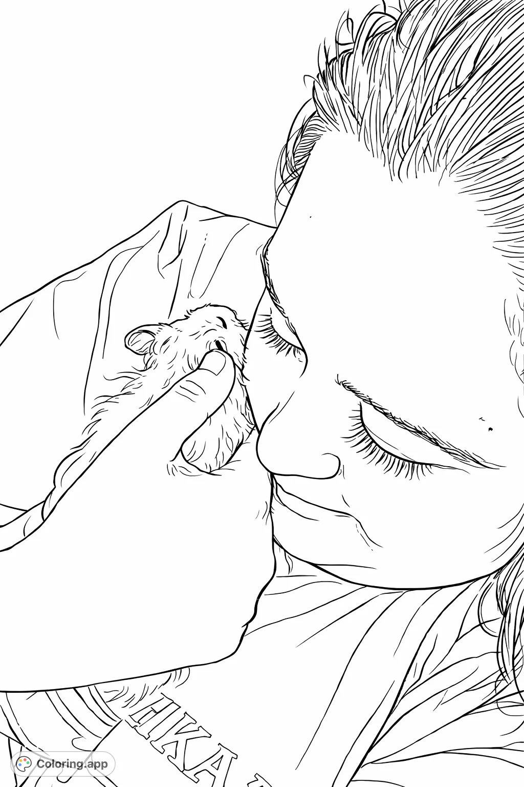 A heartwarming hamster coloring page featuring a person gently cuddling a tiny hamster. A sweet and simple scene for all ages to enjoy.