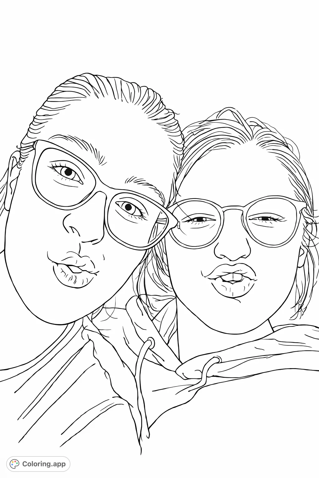 Capture a moment of playful pouts and friendship with two individuals wearing glasses. A simple, charming portrait for creative expression.