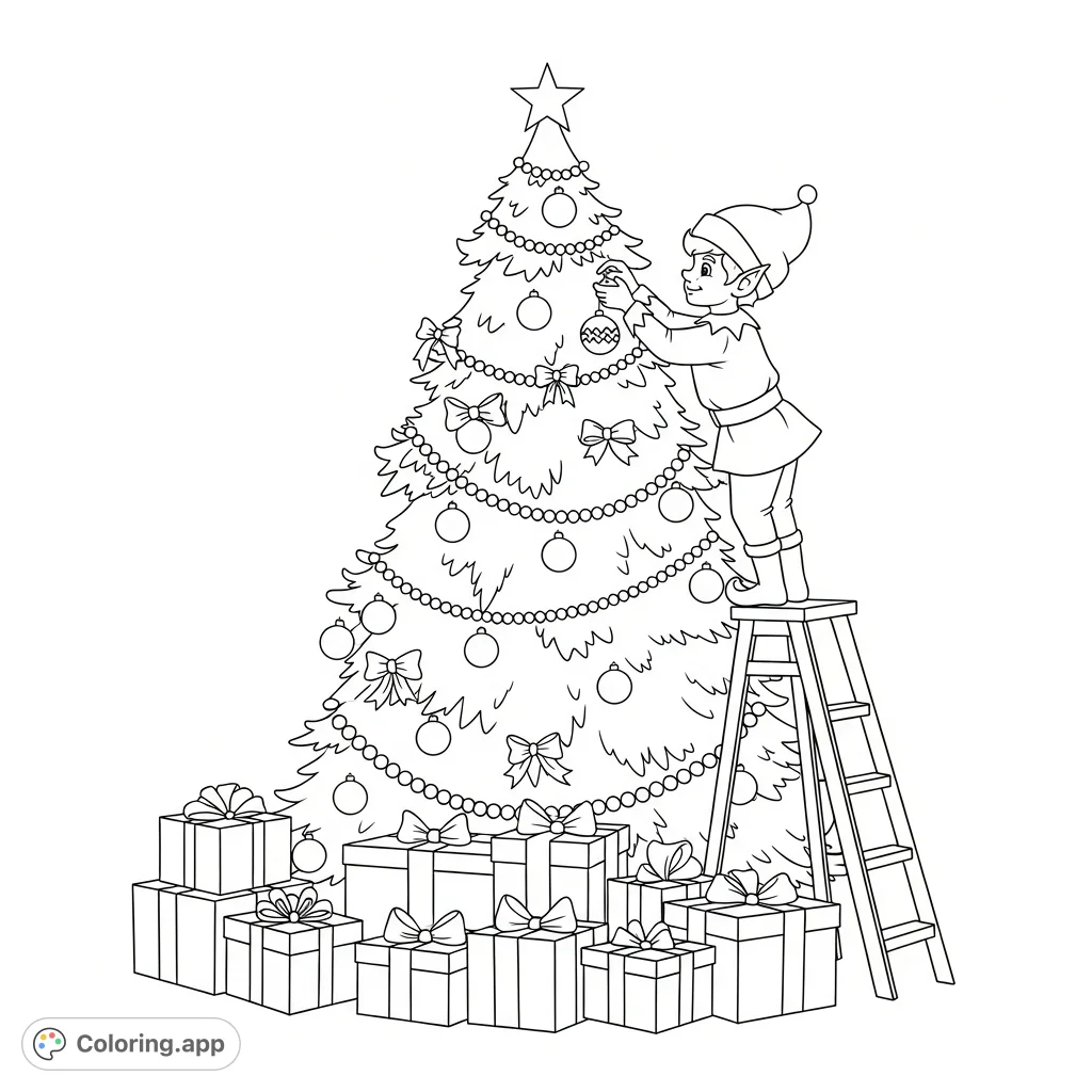 A joyful elf adds the finishing touches to a festive Christmas tree, surrounded by beautifully wrapped presents, perfect for holiday cheer.