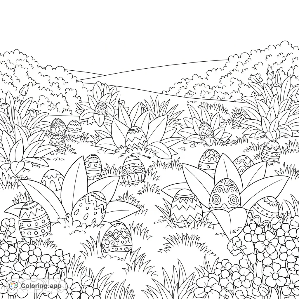A cheerful cartoon Easter egg hunt scene with patterned eggs playfully hidden in lush grass and blooming wildflowers. Perfect for a fun, creative activity!