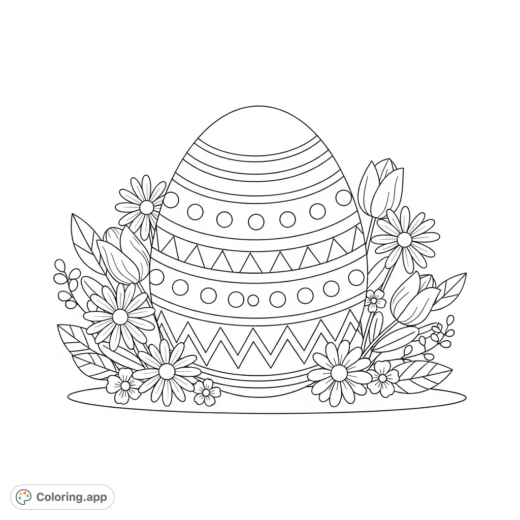 A charming Easter egg featuring delightful patterns, encircled by a beautiful wreath of spring flowers, perfect for joyous coloring and spring celebrations.