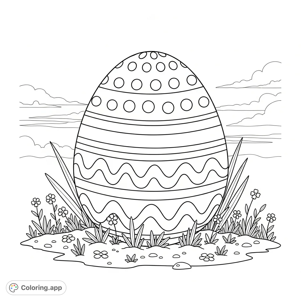 A cheerful, large Easter egg with easy-to-color dots, stripes, and other simple patterns, perfect for little hands to bring to life for spring.