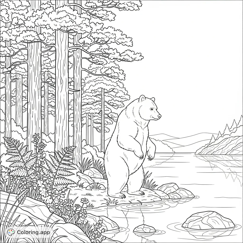 Explore a serene forest scene featuring a majestic bear by a tranquil lake. This free printable bear coloring page offers calming nature details for all ages.
