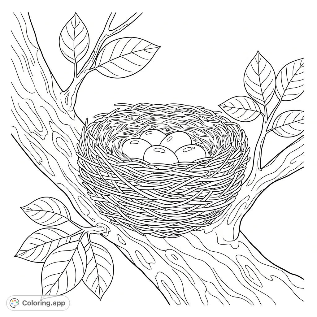 A peaceful bird's nest with eggs rests on a detailed tree branch, perfect for a relaxing nature coloring page. Explore intricate textures and serene wildlife.