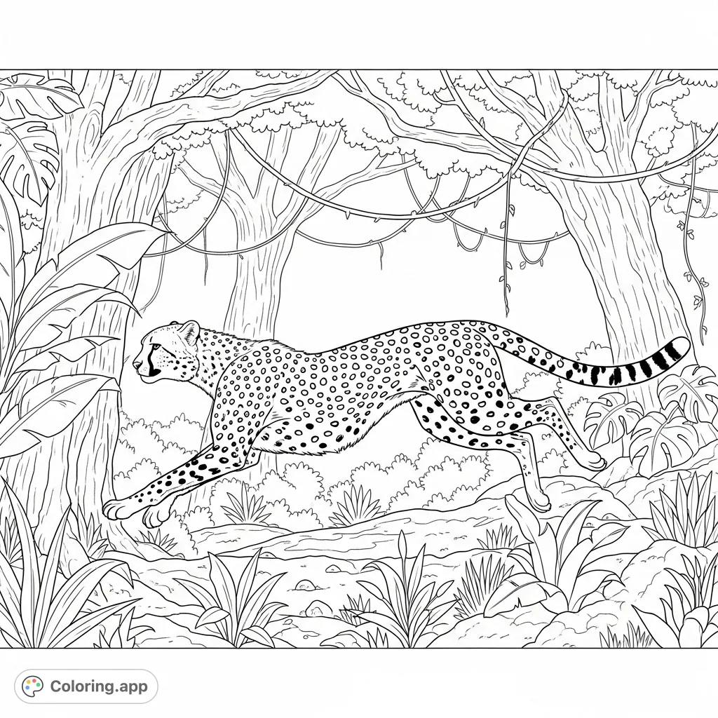 Capture the raw power of a cheetah running through a dense jungle. A dynamic scene filled with intricate foliage and a magnificent wild feline.