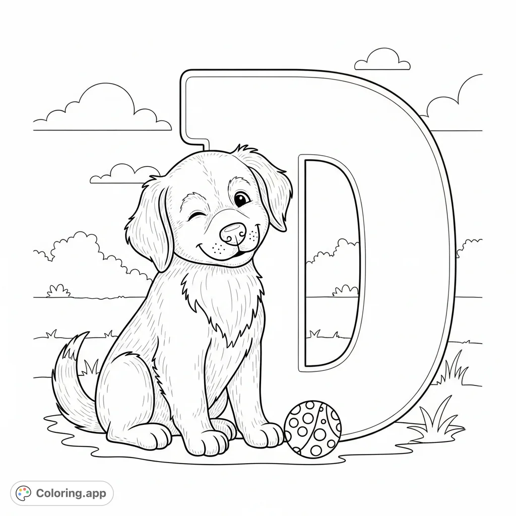 A delightful alphabet coloring page featuring a friendly dog playfully interacting with the letter D. Perfect for learning and creative fun!