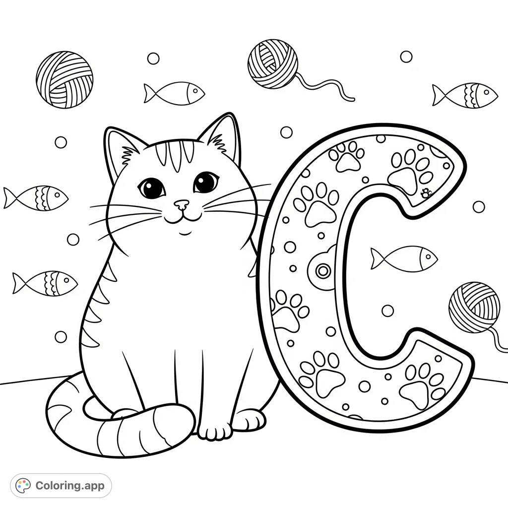 A delightful cat alongside a decorative letter 'C', surrounded by playful elements like yarn and fish. Perfect for learning and creative fun.