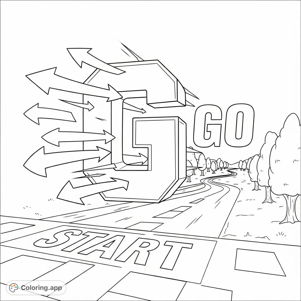 An engaging "G is for go" alphabet coloring page featuring a dynamic letter G, a checkered starting line, and movement arrows. Perfect for learning and fun!