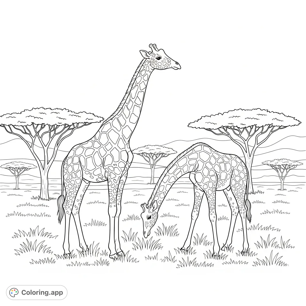 An elegant giraffe coloring page featuring two gentle giants in a peaceful savanna scene with acacia trees and tall grasses, perfect for nature enthusiasts.