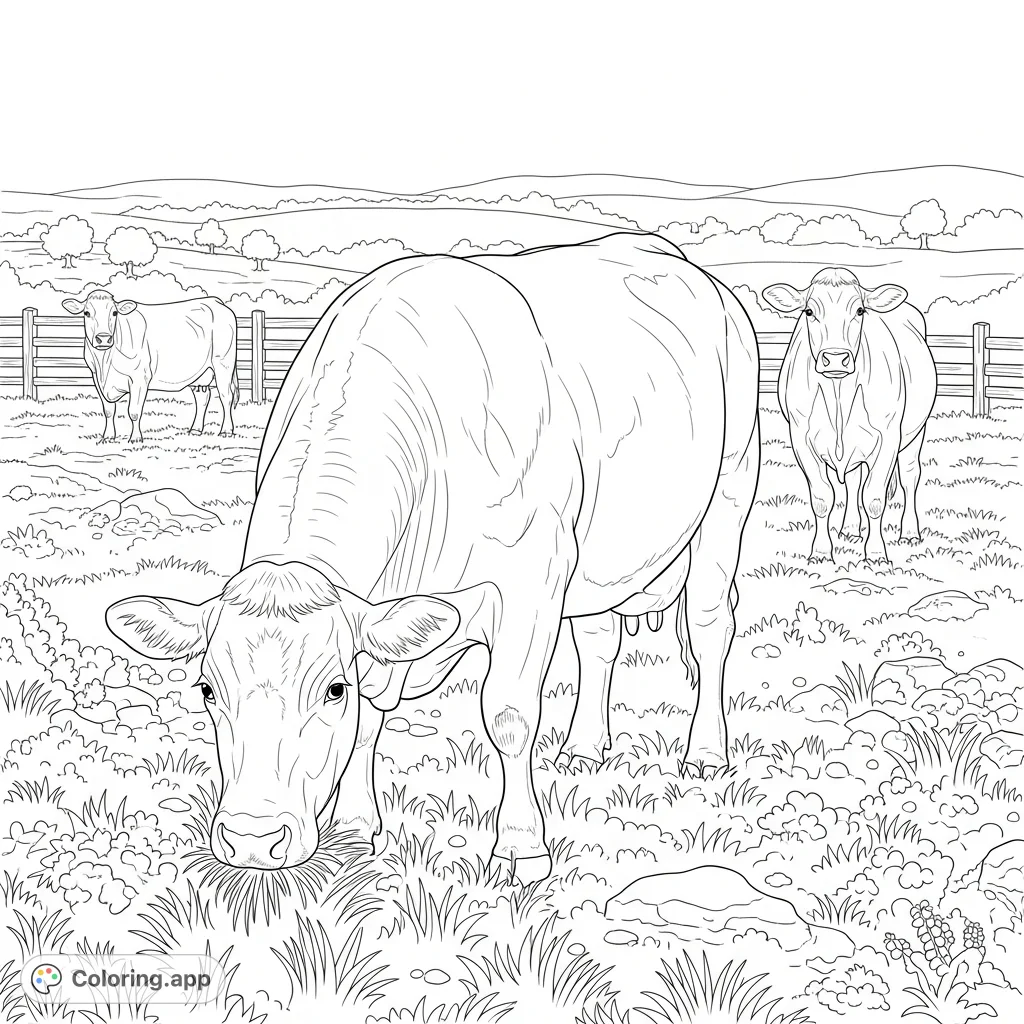A tranquil farm scene featuring three cows, one gracefully grazing in a lush pasture. This charming free printable farm coloring page offers a relaxing creative escape.
