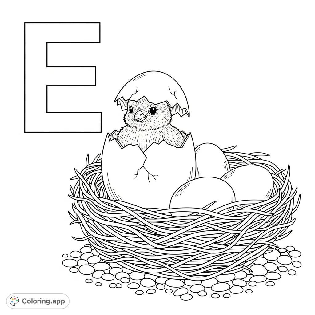 Discover this charming "E is for Egg" coloring page featuring a hatching chick, a cozy nest, and the uppercase letter 'E'. A free printable educational delight!