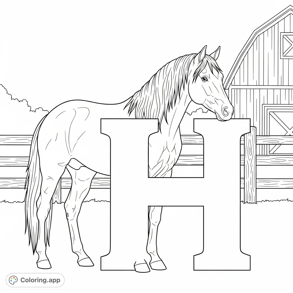 An enchanting H is for Horse coloring page featuring a graceful horse beside a large letter H, perfect for learning and creativity.